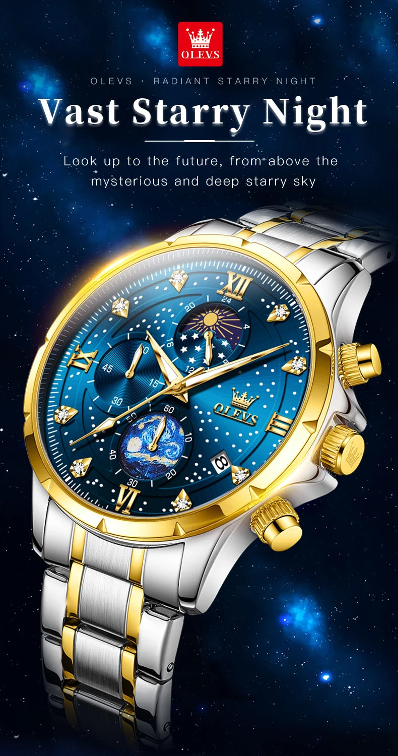 OLEVS Luxury Luminous Starry Sky Dial Men's Watches Moon Phase Waterproof Original Quartz Watch for Male Wristwatch Chronograph