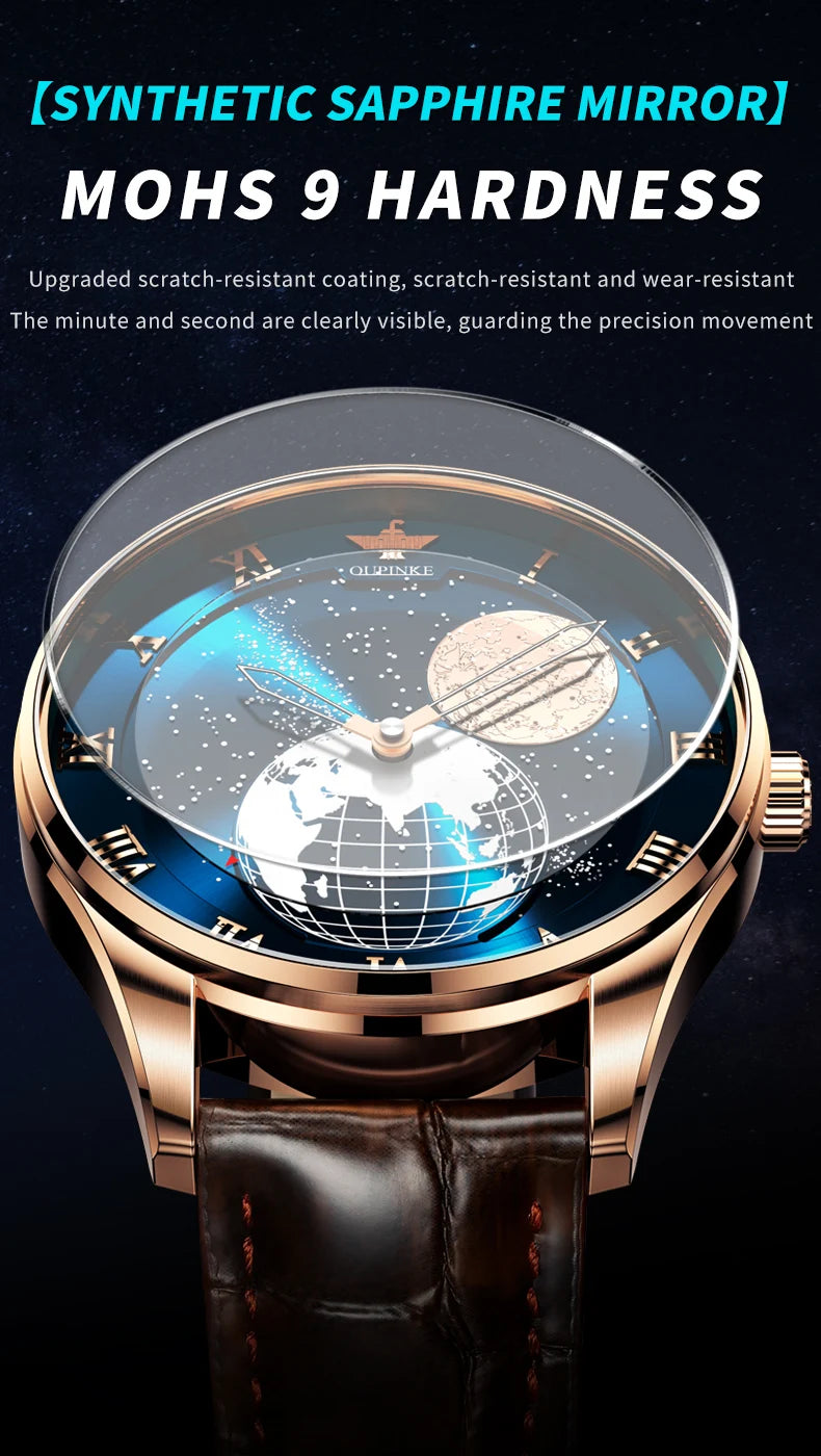 OUPINKE 3230 Men's Fully Automatic Mechanical Watch High Quality CITIZEN Movement Watch 3D Earth Starry Sky Business Men's Watch