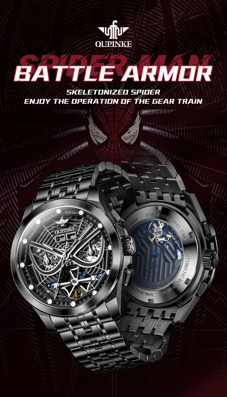 OUPINKE 3250 Skelett-Mechanische Uhren für Herren, modisches cooles Spider-Rüstungsdesign, vollautomatische Herrenuhren, luxuriöse Herrenuhr