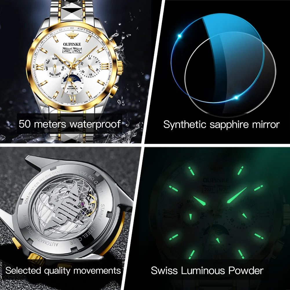 OUPINKE 3201 Men's Watch Top Luxury Brand Tungsten Steel Sapphire Mirror Waterproof Lunar Phase Men's Automatic Mechanical Watch