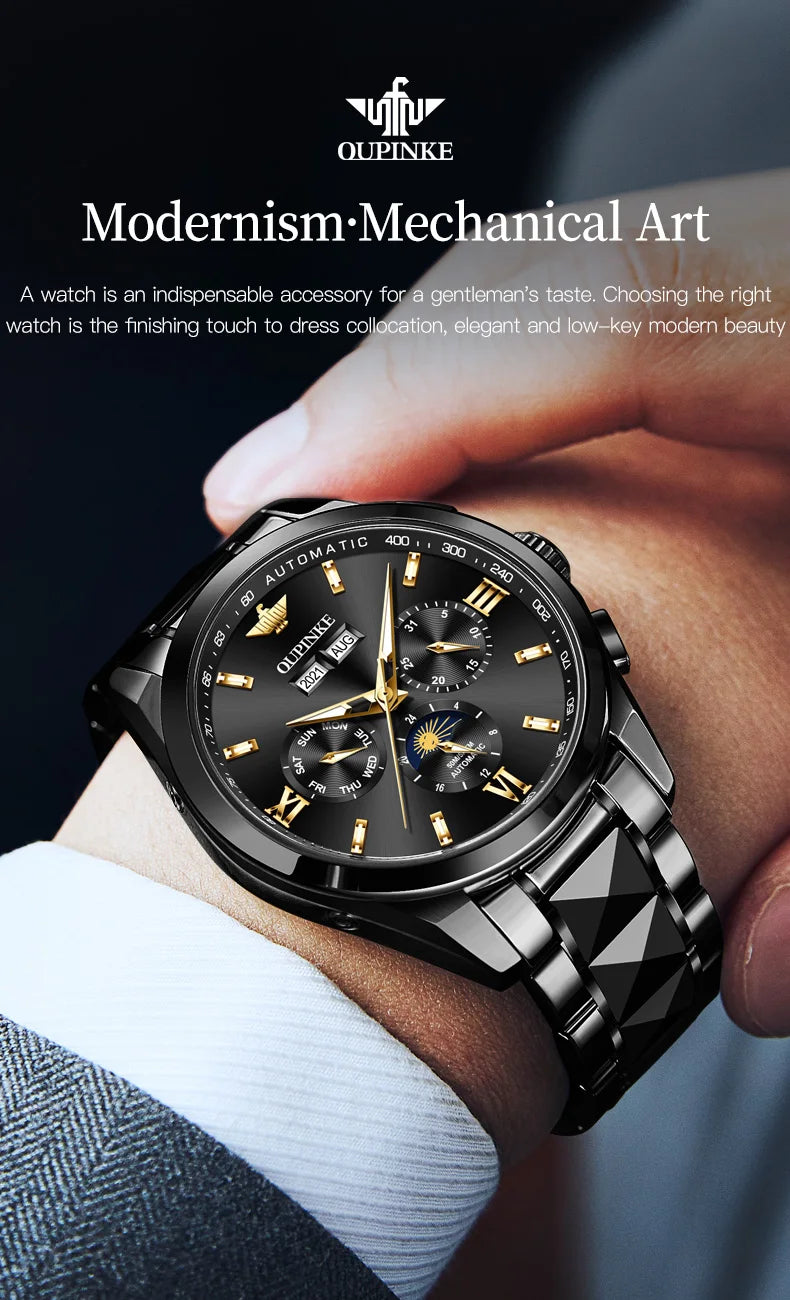 Oupinke Mondphase mechanische Uhr für Männer Luxus Top Marke Saphir Spiegel wasserdichte elegante Herren automatische Armbanduhr