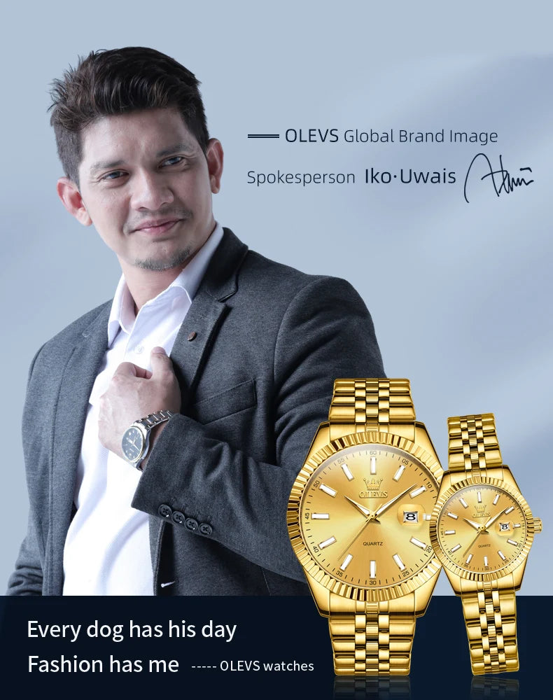 Olevs Paar Uhr Gold Edelstahl Armband Quarz Uhr sein und ihr Kalender romantischer Liebhaber Original Luxus männlich und weiblich