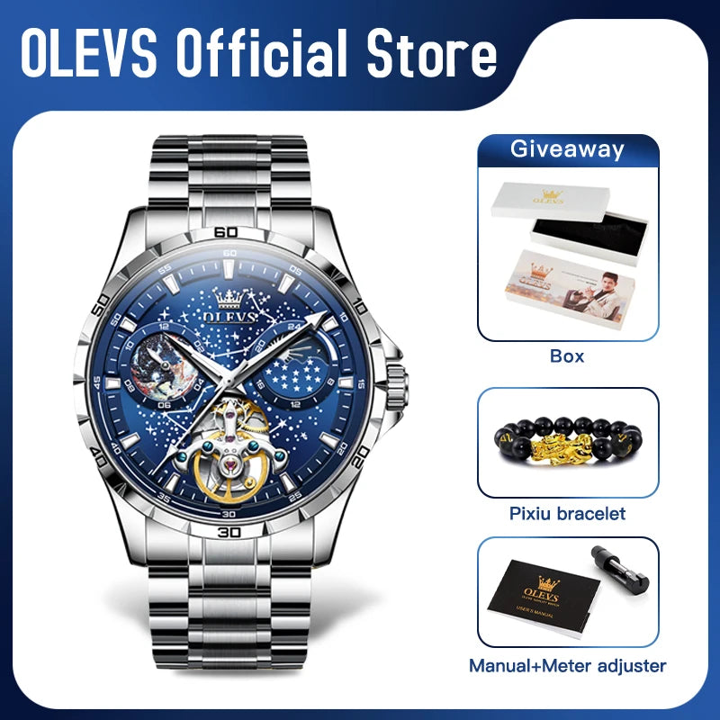 OLEVS Original Marke herren Uhren Wasserdichte Multifunktionale Leuchtende Voll Automatische Mechanische Uhr Mond Phase Sternen Disk