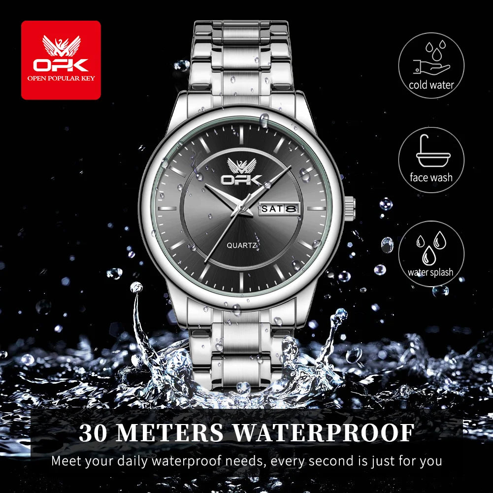 Opk 6022 Uhren für Männer Quarz Armbanduhr lässig Mode wasserdicht Edelstahl Dual Kalender Display reloj hombre ﻿