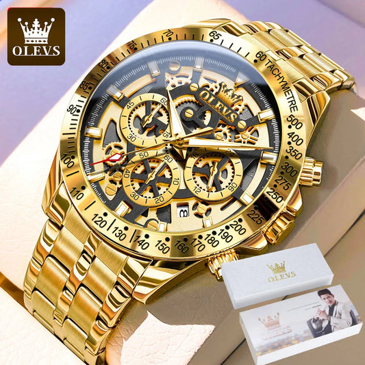 Olevs lxuxry Marke Gold Herren uhren Voll skelett Edelstahl Chronograph Armbanduhr wasserdichte leuchtende Quarzuhr Herren