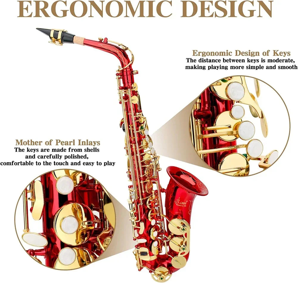 Rotes eb Altsaxophon für Anfänger Erwachsene Messing e Flat Key Typ Saxophon Holz blasinstrument mit Koffer riemen Handschuh teilen