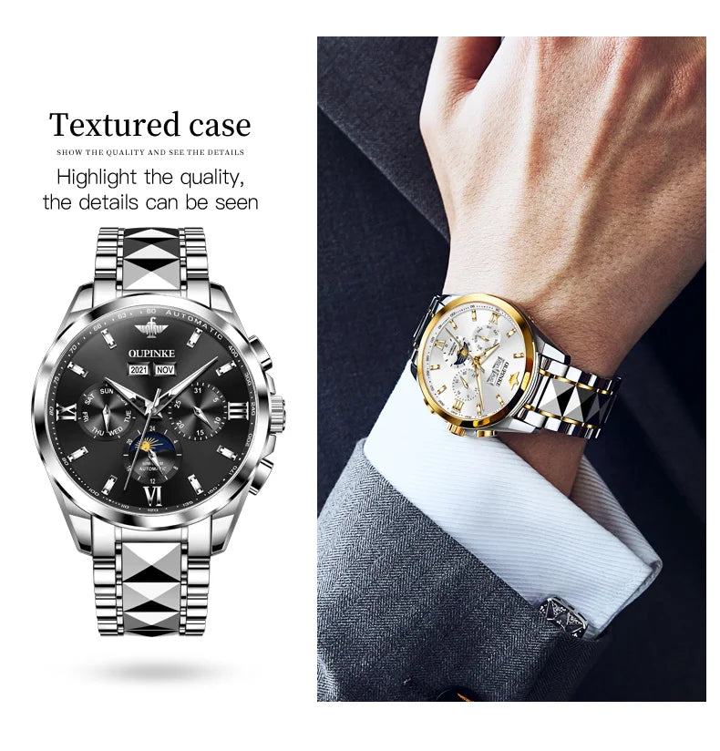 OUPINKE 3201 Men's Watch Top Luxury Brand Tungsten Steel Sapphire Mirror Waterproof Lunar Phase Men's Automatic Mechanical Watch