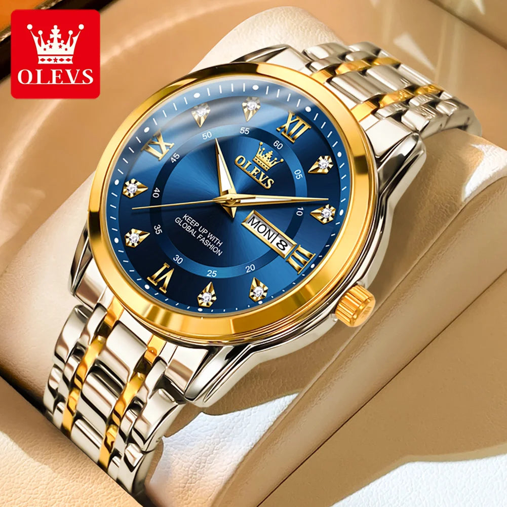 Olevs Herren uhren Mode Gold Original Quarzuhr für Mann Edelstahl wasserdicht leuchtende Armbanduhr Datum Woche römisch