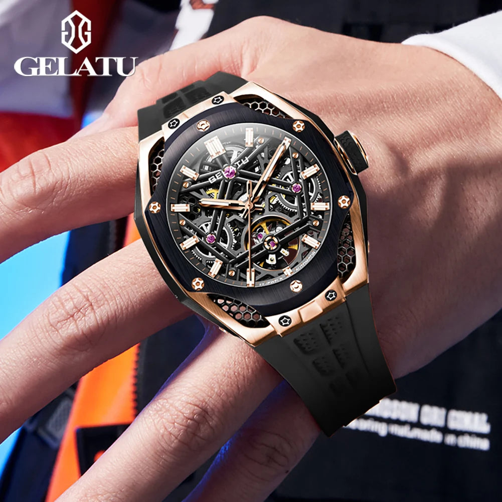 Gelatu 6008 original Luxusmarke Herren automatische mechanische Uhr Mode wasserdichte Skelett Saphir Spiegel Sport Herren uhr