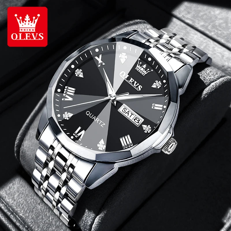 OLEVS Herrenuhren Rhombus Mirror Original Quarzuhr für Mann Wasserdicht Leuchtende Edelstahl-Armbanduhr Männlich Datum Woche