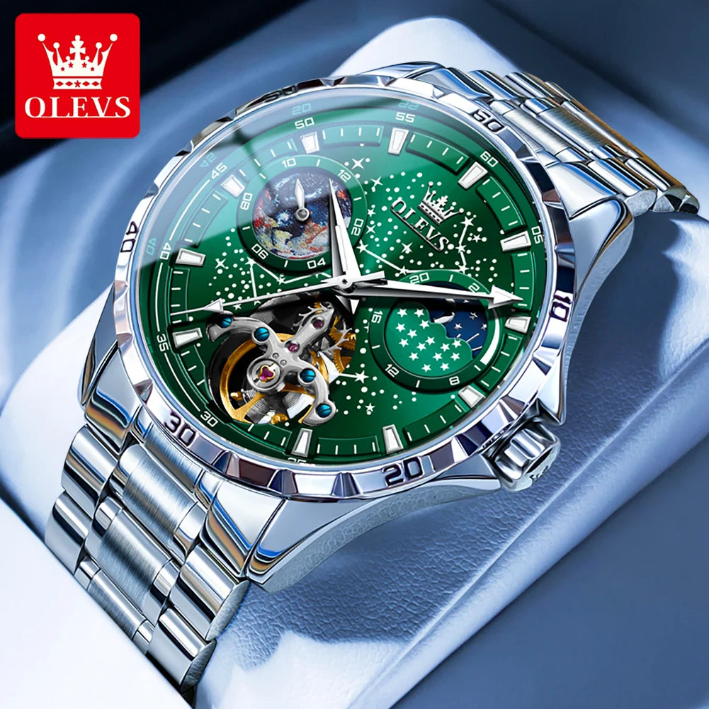 OLEVS Original Marke herren Uhren Wasserdichte Multifunktionale Leuchtende Voll Automatische Mechanische Uhr Mond Phase Sternen Disk