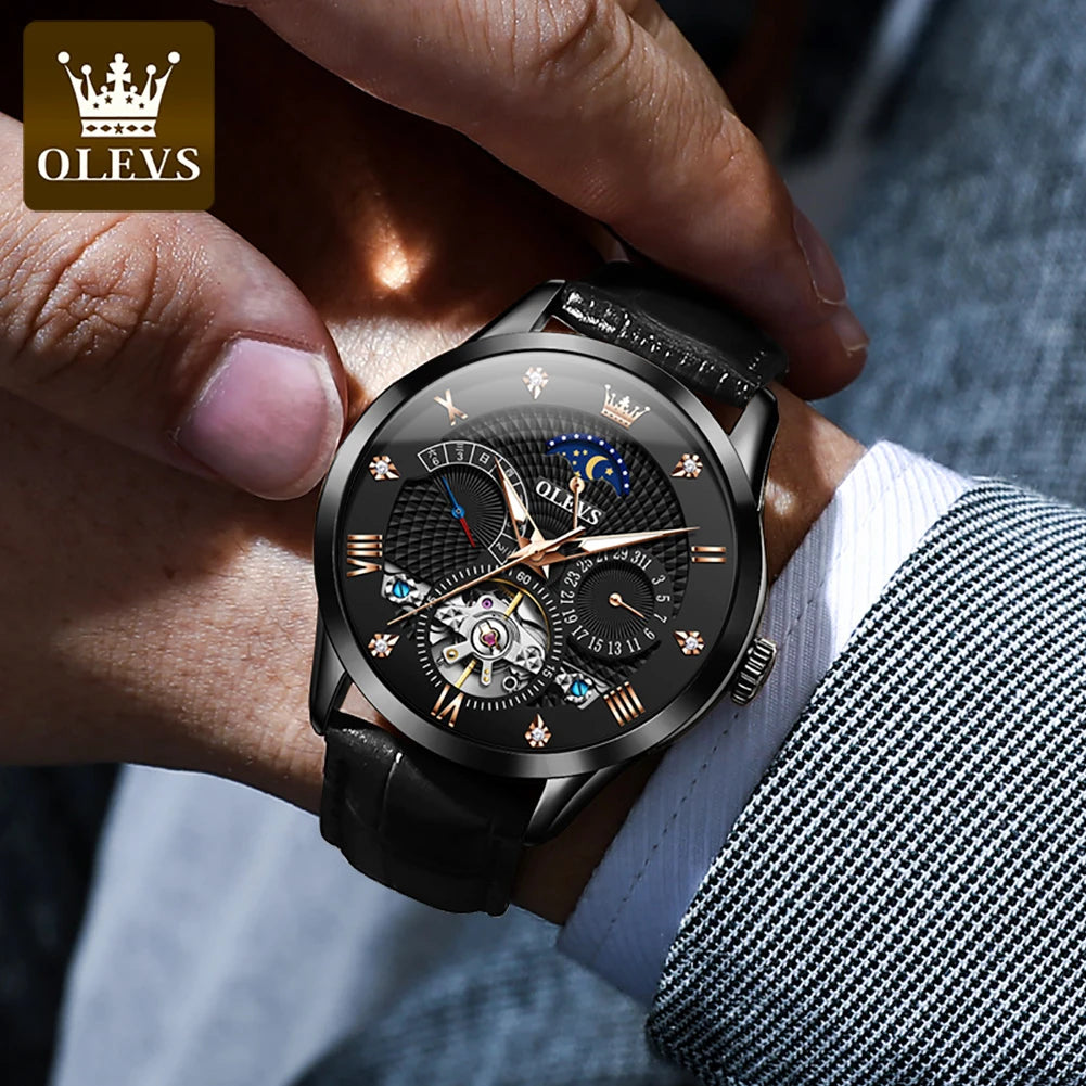 OLEVS herren Uhren Business Skeleton Automatische Mechanische Armbanduhr Wasserdicht Leder Kalender Datum Uhr für Mann Neue Ankunft