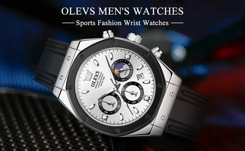 ﻿   OLEVS 9911 Herrenuhr Marke Wasserdicht Leuchtende Quarzuhr für Männer Drei Kleine Zifferblatt Sport Armbanduhr Chronograph Datum Reloj