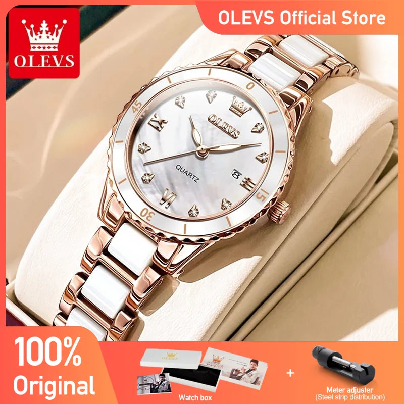 OLEVS Damenuhren, elegante Mode, Keramik, Quarz, Wirtwatch für Damen, Diamant-Skala, Datumsanzeige, wasserdicht, leuchtend