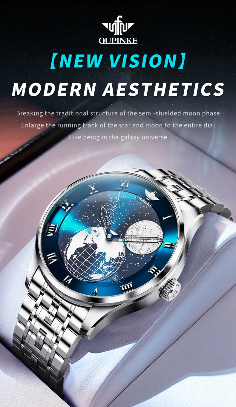 OUPINKE 3230 Men's Fully Automatic Mechanical Watch High Quality CITIZEN Movement Watch 3D Earth Starry Sky Business Men's Watch