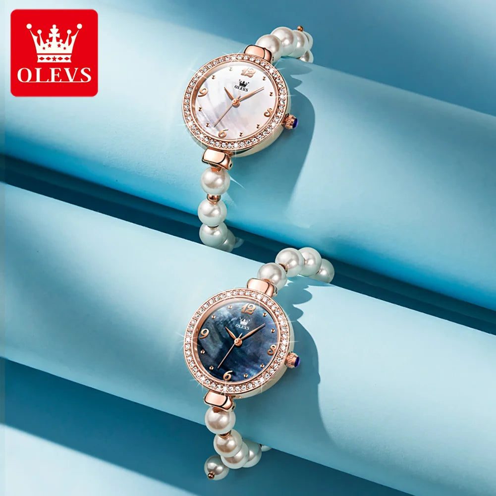 OLEVS 9968 Frauen Uhr Elegante Mode Original Kleine Zifferblatt Quarz Armbanduhr Wasserdichte Perle Uhr Kette Damen Uhr Box Reloj