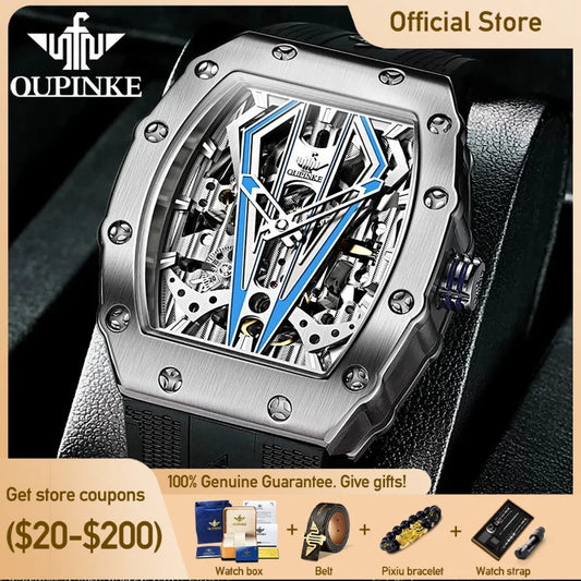 OUPINKE Top Marke Luxus Automatische Mechanische Uhr für Mann Wasserdicht Tonneau Wolfram Stahl Gehäuse Saphir Spiegel Mode Kleid