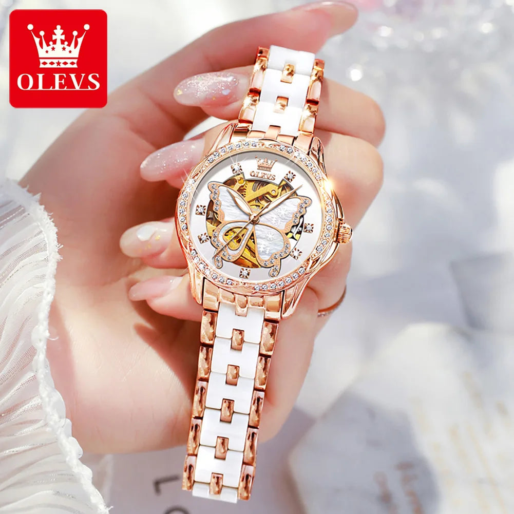 OLEVS Top Marke Mechanische Frauen Uhr Mode Schweiz Luxus Marke Damen Armbanduhr Automatische Lederband Geschenk