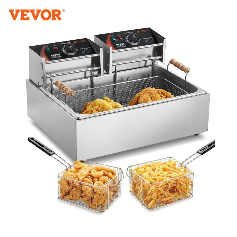 VEVOR kommerzielle Fritteuse, 3000 W elektrische Putenfritteuse mit 3 abnehmbaren Körben, 12 L Edelstahl Fritteuse mit großer Kapazität, für Küche Restaurant Café Bar Silber einstellbar 60-200 °C