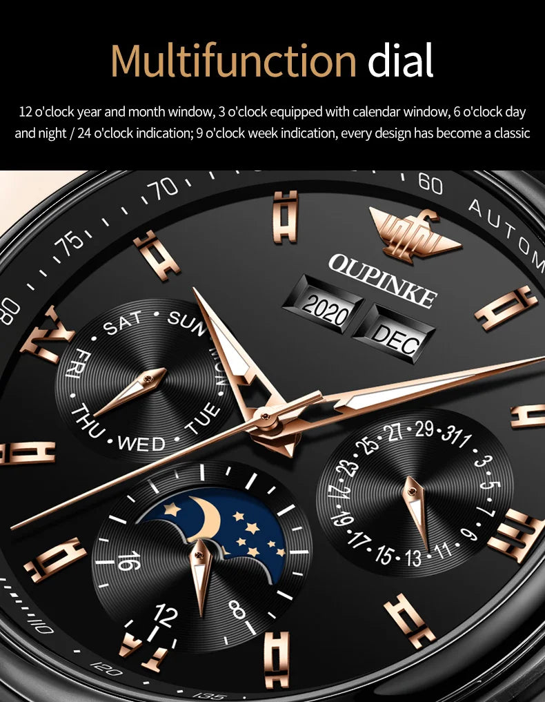 OUPINKE Echte männer Automatische Mechanische Uhr Wasserdicht Kalender Saphir Spiegel Armbanduhr herren Uhr Religio Masculino