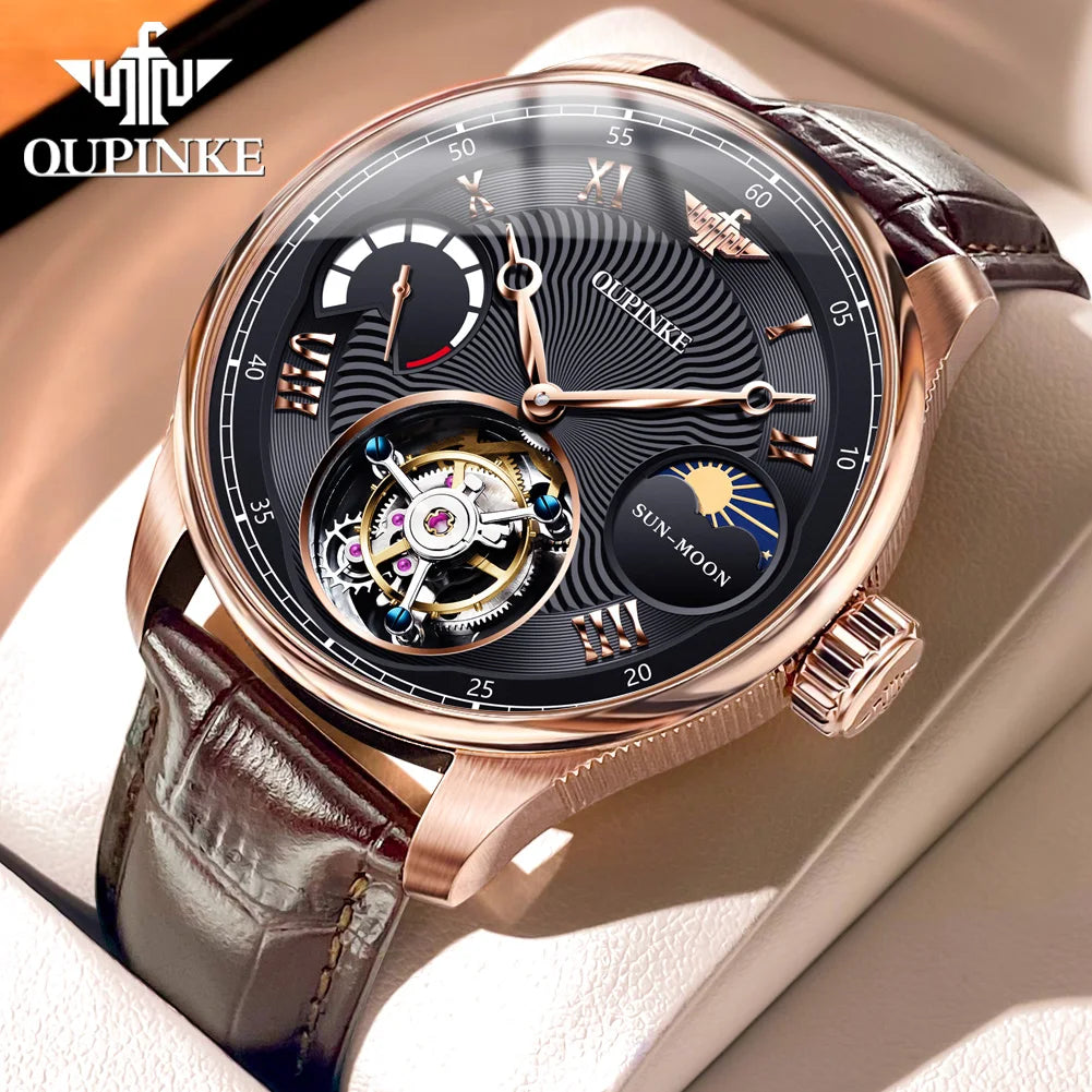 OUPINKE 8001 Tourbillon Men's Watch Luxury Brand Sapphire Waterproof Luminous Moonphase Watch Men's Automatic Mechanical Watch