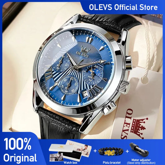 OLEVS Original männer Uhren Sport Chronograph Quarz Männliche Uhr Wasserdicht Lederband Luminous Armbanduhr 24 stunde zifferblatt