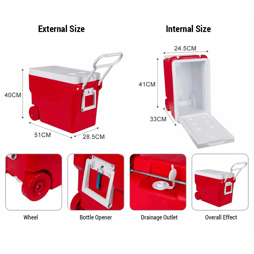 32L Rolling Cooler Ice Chest Camping Outdoor Picnic Portable Heat Insulation Box with Table and Chair