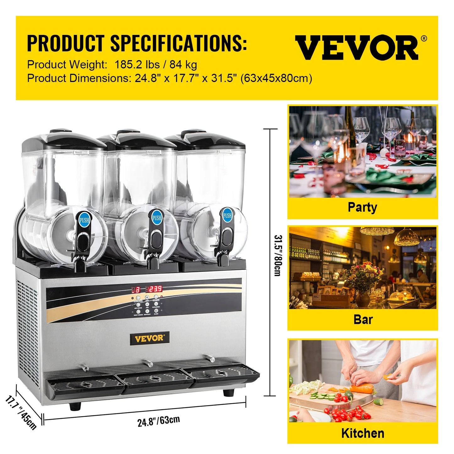 VEVOR Kommerzielle Slusheis Maschine, 3 x 15 L Slusheis Maschine 800 W 220 V Slusheis Eismaschine, Slushgerät 63 x 45 x 80 cm Slushy Maker Maschine, 2 Modi Intelligentes LED-Bedienfeld Slushy Maker