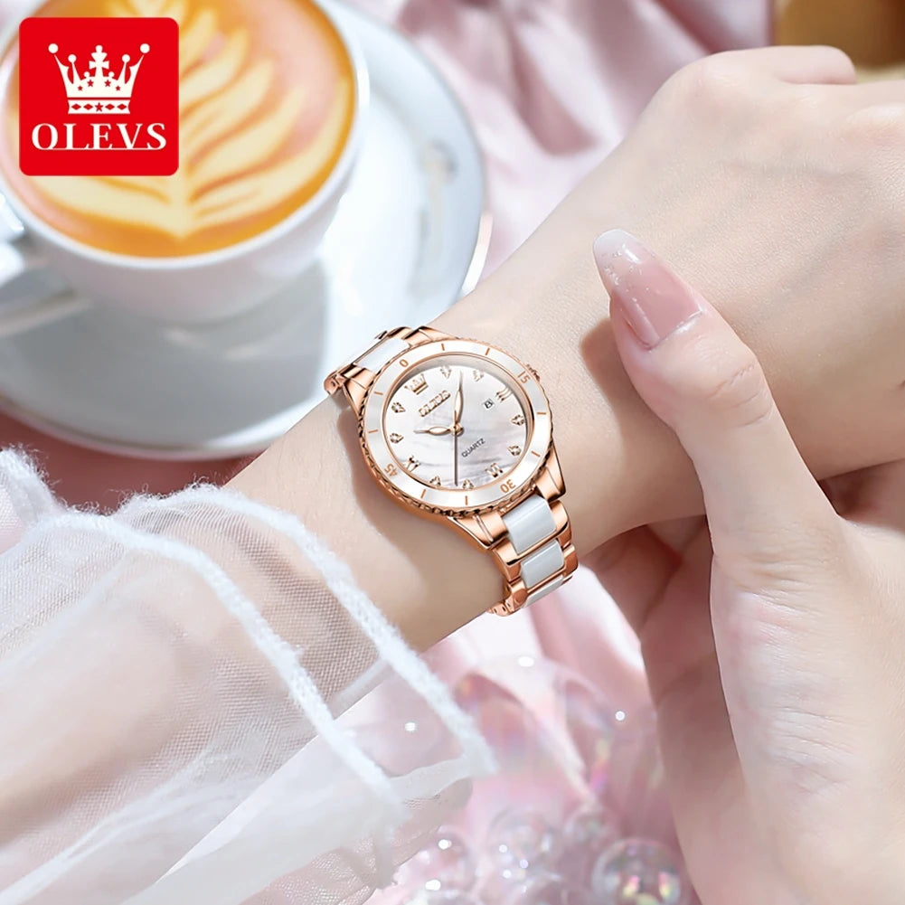 OLEVS Damenuhren, elegante Mode, Keramik, Quarz, Wirtwatch für Damen, Diamant-Skala, Datumsanzeige, wasserdicht, leuchtend