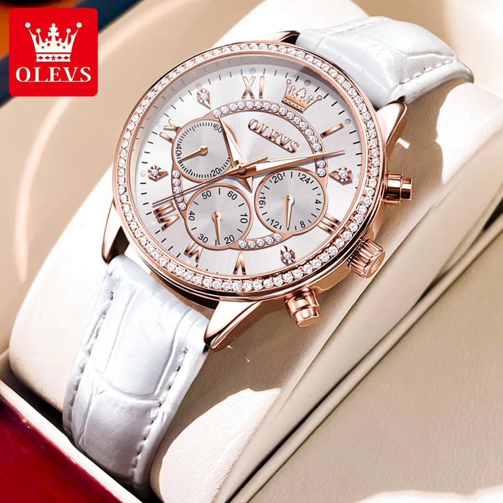 Olevs Damen uhren Mode elegante Diamant Lünette Original uhr für Damen weiches Leder armband wasserdicht leuchtenden Chronograph