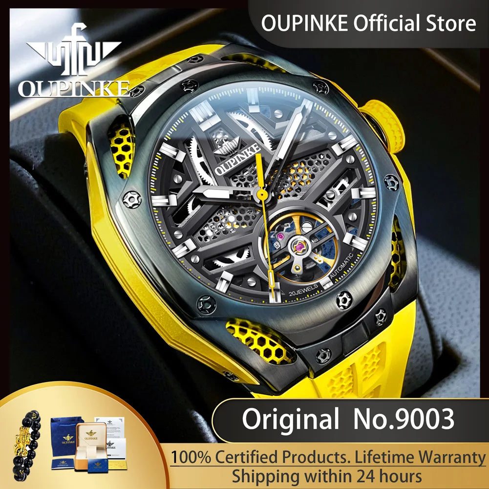 Oupinke 9003 hohle automatische mechanische Uhr für Männer Skelett Schwungrad Sport Herren uhren Silikon armband Original Handuhr