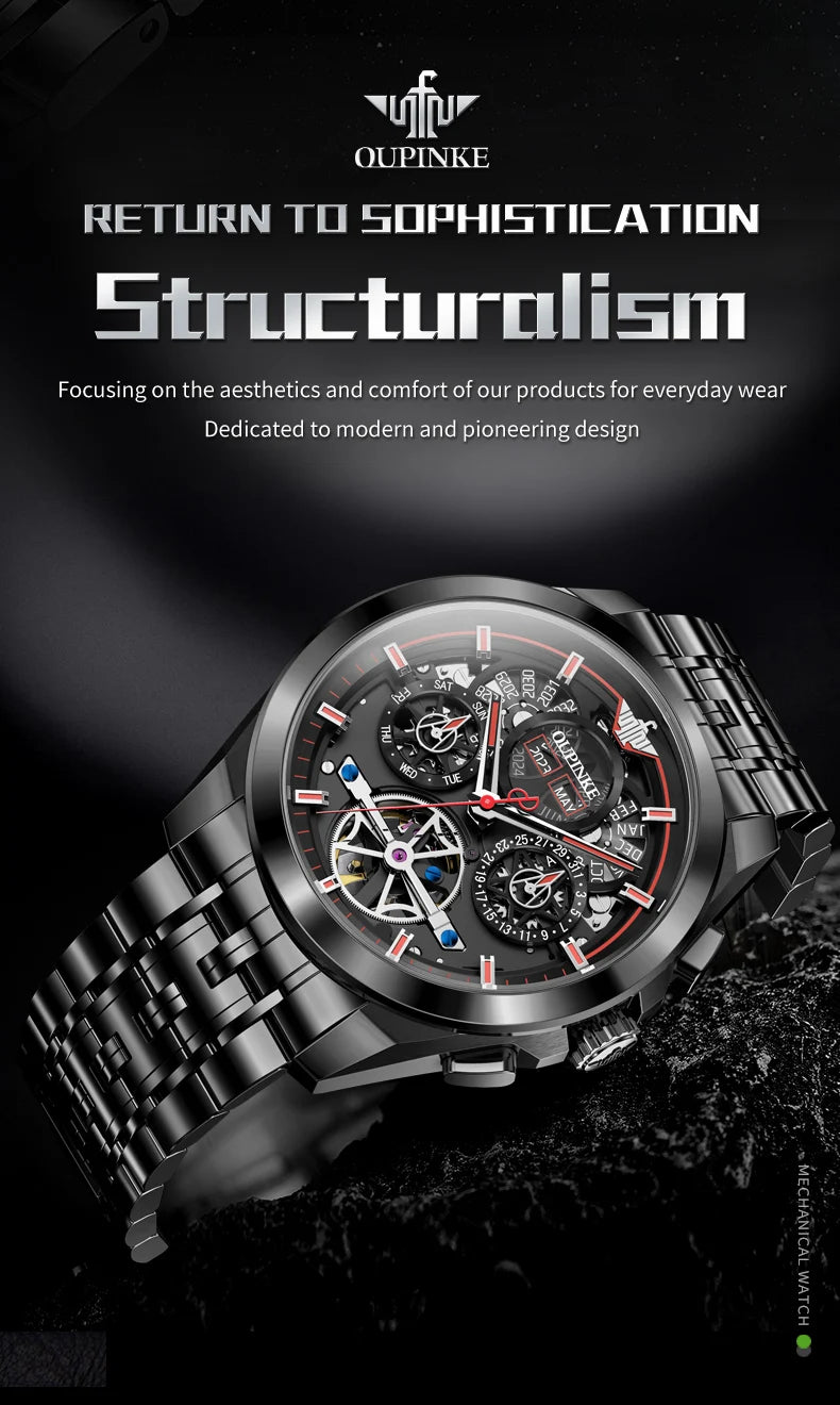 Oupinke 3235 schwarz Skelett Schwungrad automatische mechanische Uhren für Männer Multifunktions-Edelstahl Luxusmarke Armbanduhr