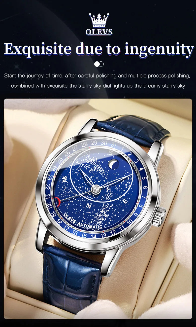 OLEVS herren Uhren Mondphase Automatische Mechanische Uhr für Mann Blau Leder Luxus Kleid Wasserdicht Leucht Armbanduhr