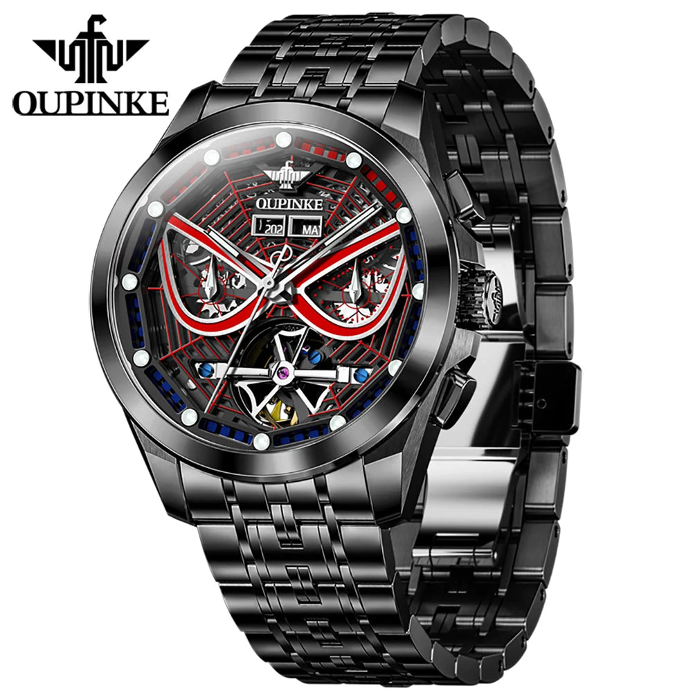 Oupinke Top Herren uhren Spinnen rüstung Serie Skelett Schwungrad cooles Zifferblatt Luxus automatische mechanische Armbanduhr für Herren