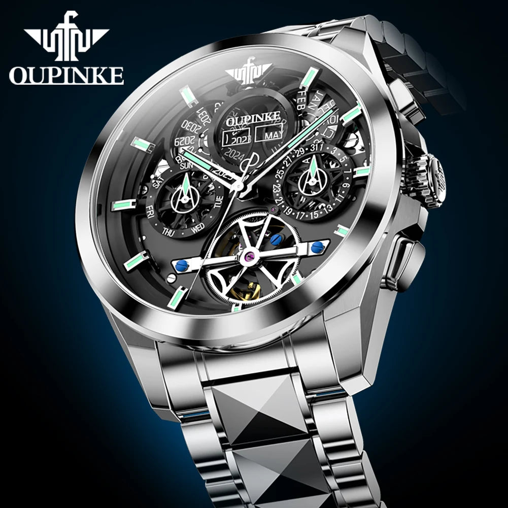 Oupinke 3233 neue automatische mechanische Uhr für Männer hohle 42mm große Zifferblatt Handuhr Wolfram Stahl armband Original Herren uhren