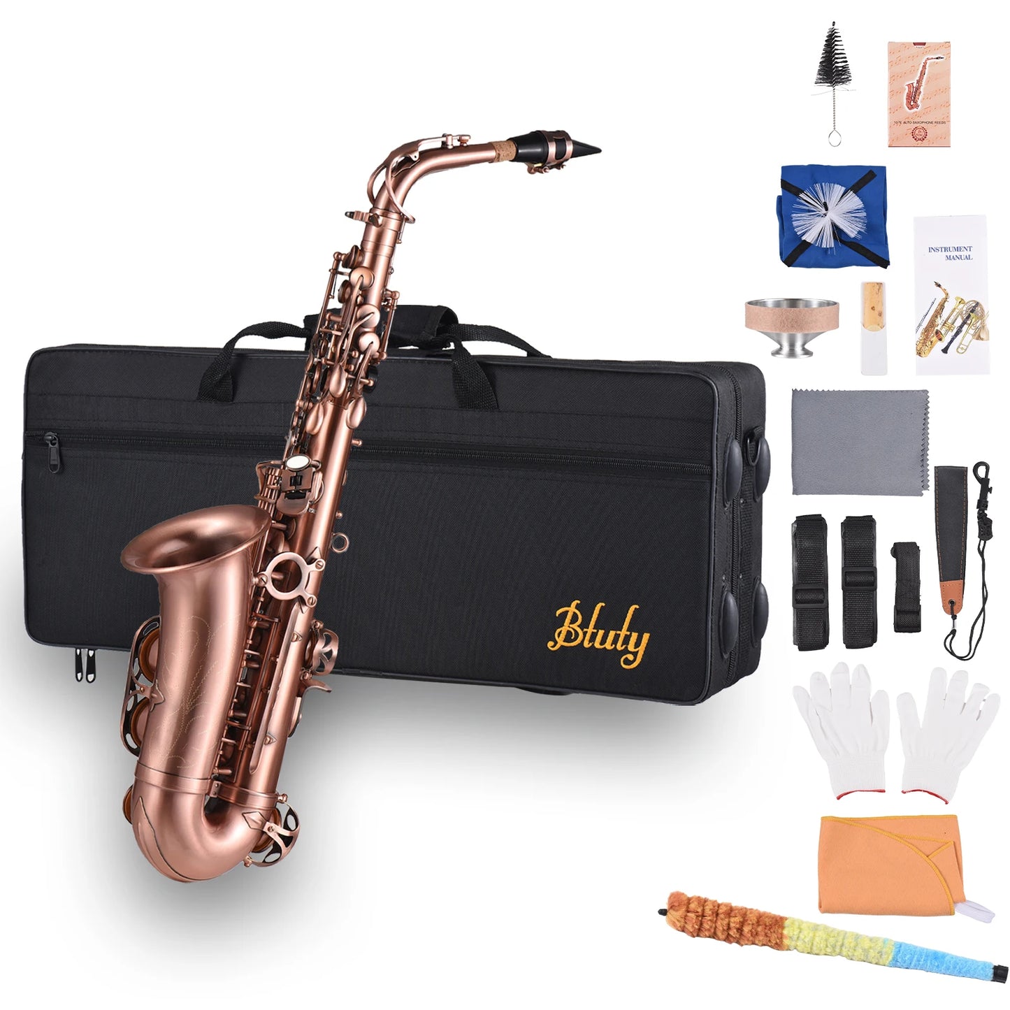 Btuty Professional Red Bronze Bend Eb E-flat Alto Saxophone Sax Abalone Shell Key Carve Pattern with Case Handschuhe Reinigungstuch