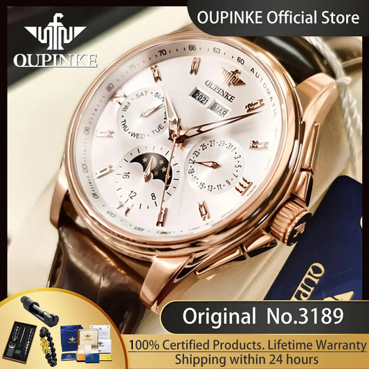 Oupinke 3189 Automatik uhr für Herren Echt leder armband wasserdichte Mondphase Herren uhren Luxus Herren mechanische Armbanduhr