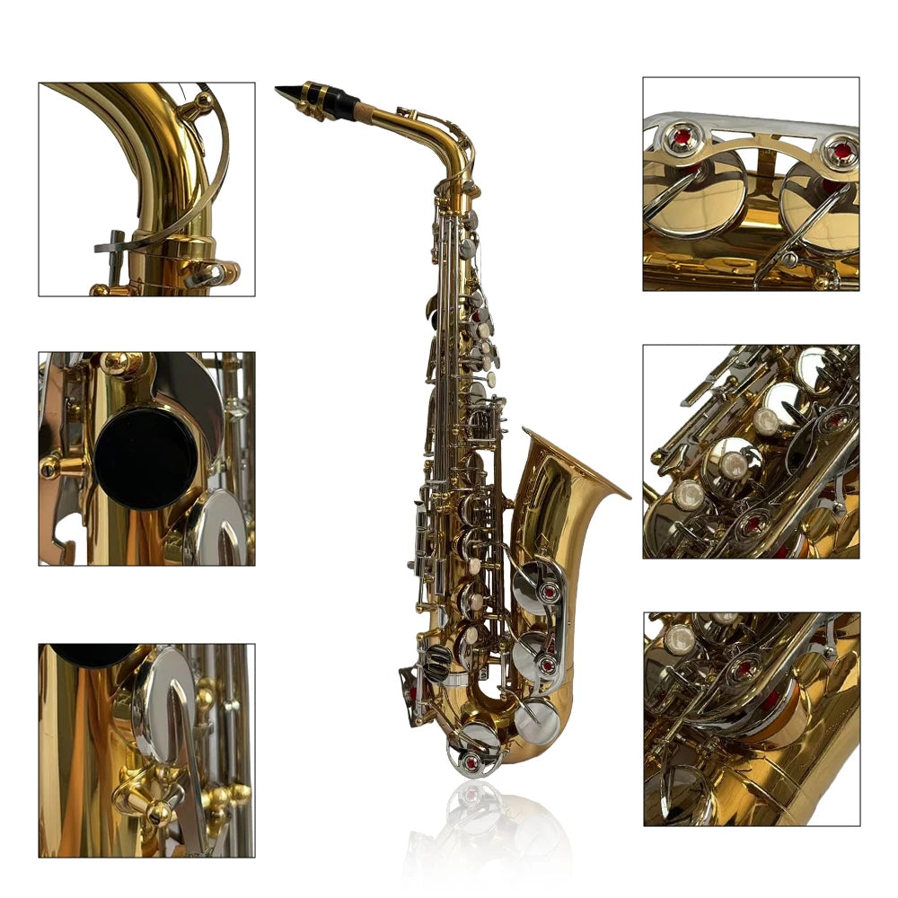 Altsaxophon, Saxophon, glänzendes Messing, graviert, Eb E-Flat, natürliche weiße Schale, Knopf, Blasinstrument mit Koffer, stummgeschaltete Handschuhe, Reinigung