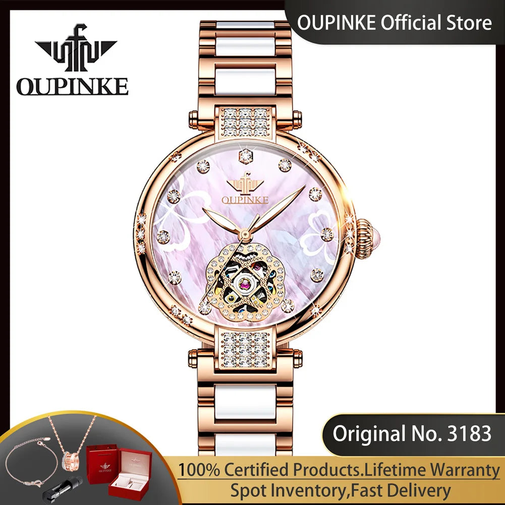 OUPINKE 3183 Damen-Armbanduhr, automatisch, mechanisch, elegant, Roségold, Keramikarmband, Hohlklee, Diamantskala, Damen-Armbanduhr