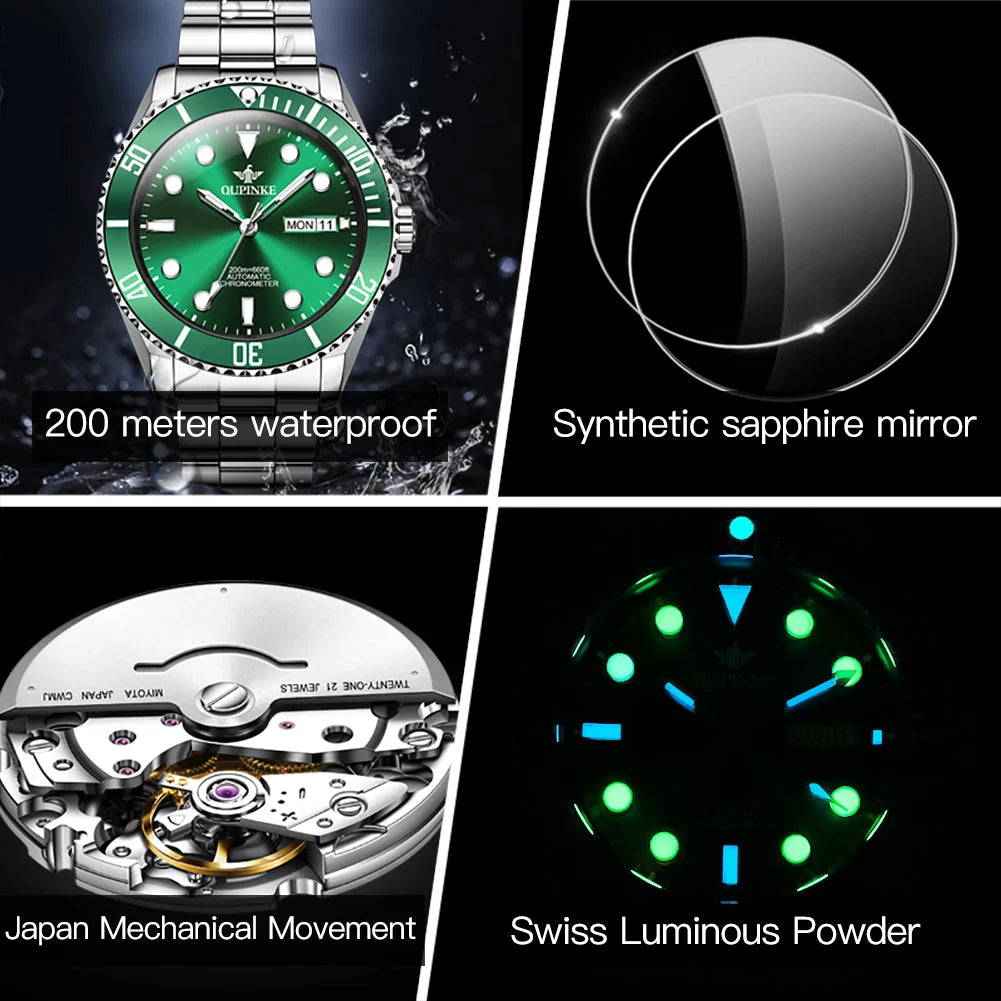 OUPINKE 3205 Diving Series Men Fully Automatic Movement Watch Classic Green Water Ghost Double Calendar Top Men Mechanical Watch