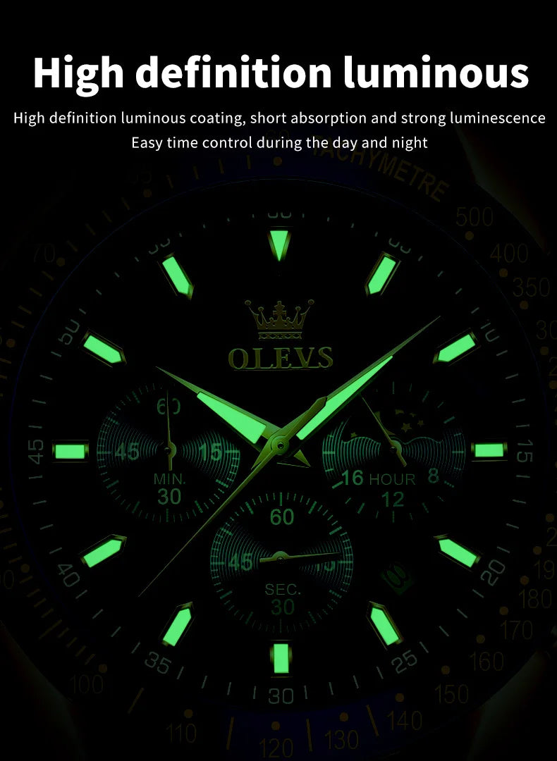 OLEVS herren Uhren Beliebte Mode Original Quarzuhr für Mann Chronograph Wasserdichte Leder Armbanduhr Luminous Mond Phase