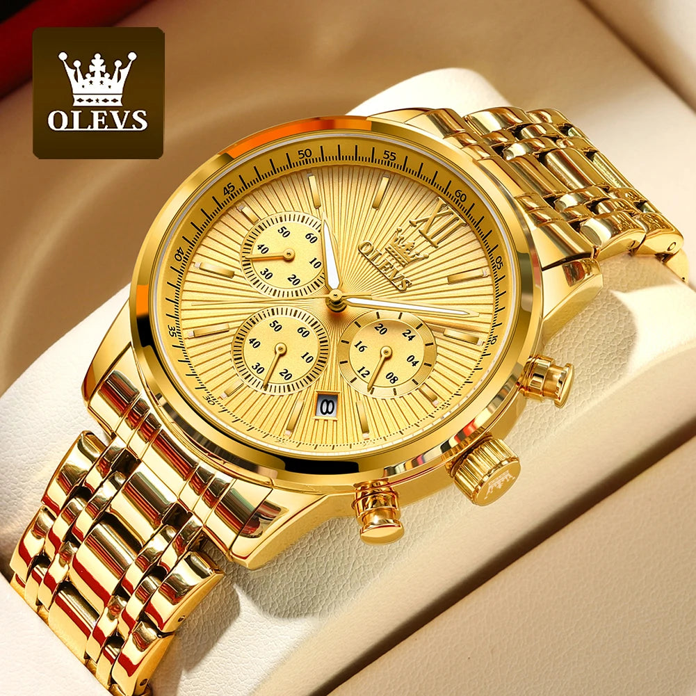 Olevs Herren uhren Luxus Gold Mode Armbanduhr für Mann Edelstahl wasserdicht leuchtenden Chronograph Datum 24 Stunden Anzeige