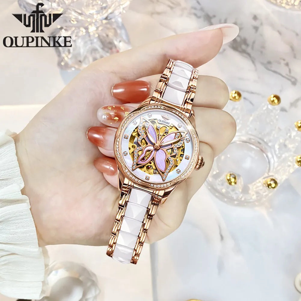 Oupinke 3239 original Damen uhren aushöhlen Schmetterling Diamant Lünette Automatik uhr für Frauen elegante mechanische Armbanduhr