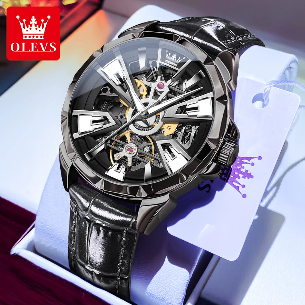 OLEVS 7051 Hohl Automatische Mechanische Uhren für Männer Mode Lederband wasserdicht Leucht Original Marke Luxus Mann Uhr