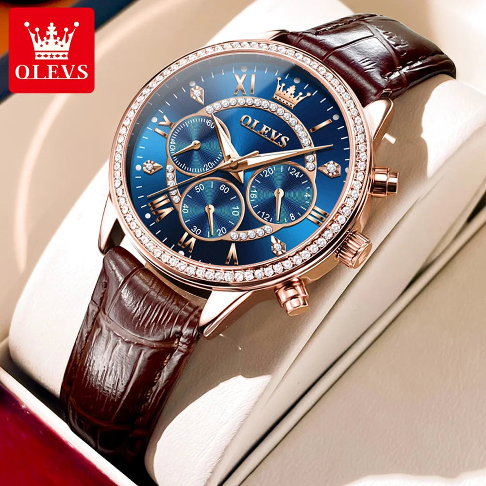 Olevs Damen uhren Mode elegante Diamant Lünette Original uhr für Damen weiches Leder armband wasserdicht leuchtenden Chronograph