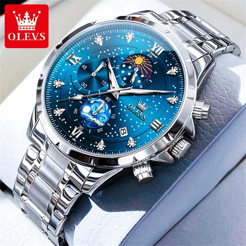 OLEVS 9807 Herrenuhren Original Quarzuhr für Herren Multifunktions-Chronograph Edelstahl Wasserdicht Leuchtend Reloj Hombre