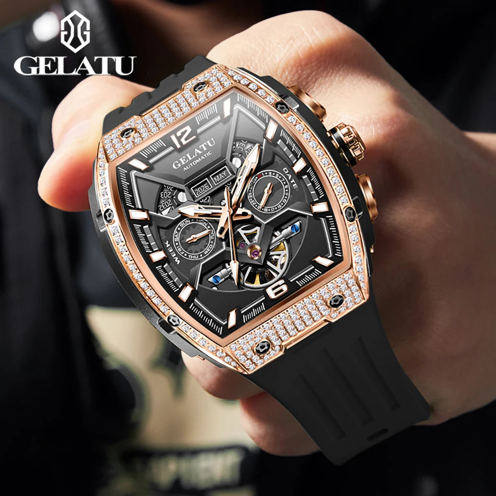 Gelatu 6016 Diamant hohl Luxus mechanische Herren uhr automatische Datum wasserdichte Silikon uhr Top Marke Uhr reloj hombre