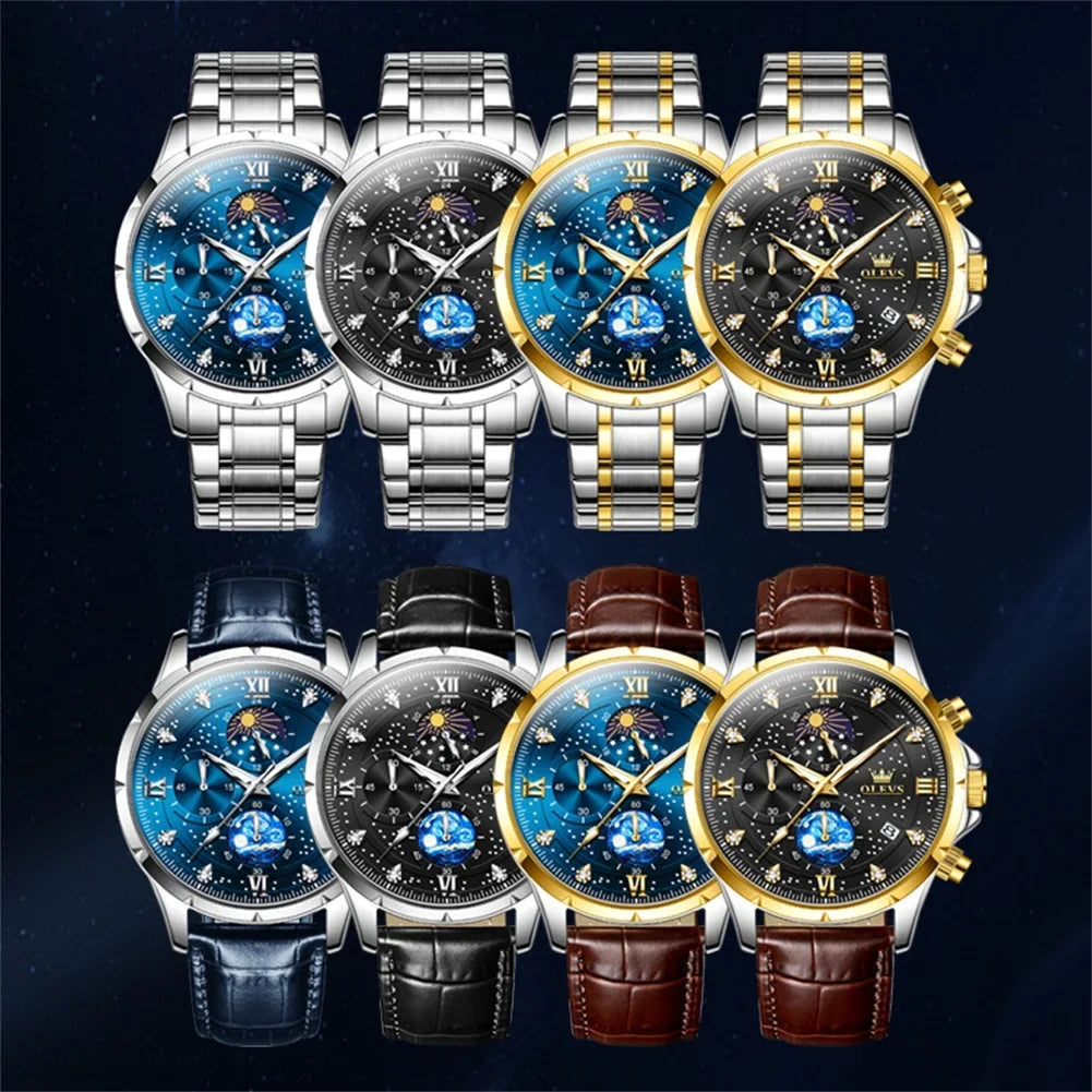 OLEVS Luxury Luminous Starry Sky Dial Men's Watches Moon Phase Waterproof Original Quartz Watch for Male Wristwatch Chronograph