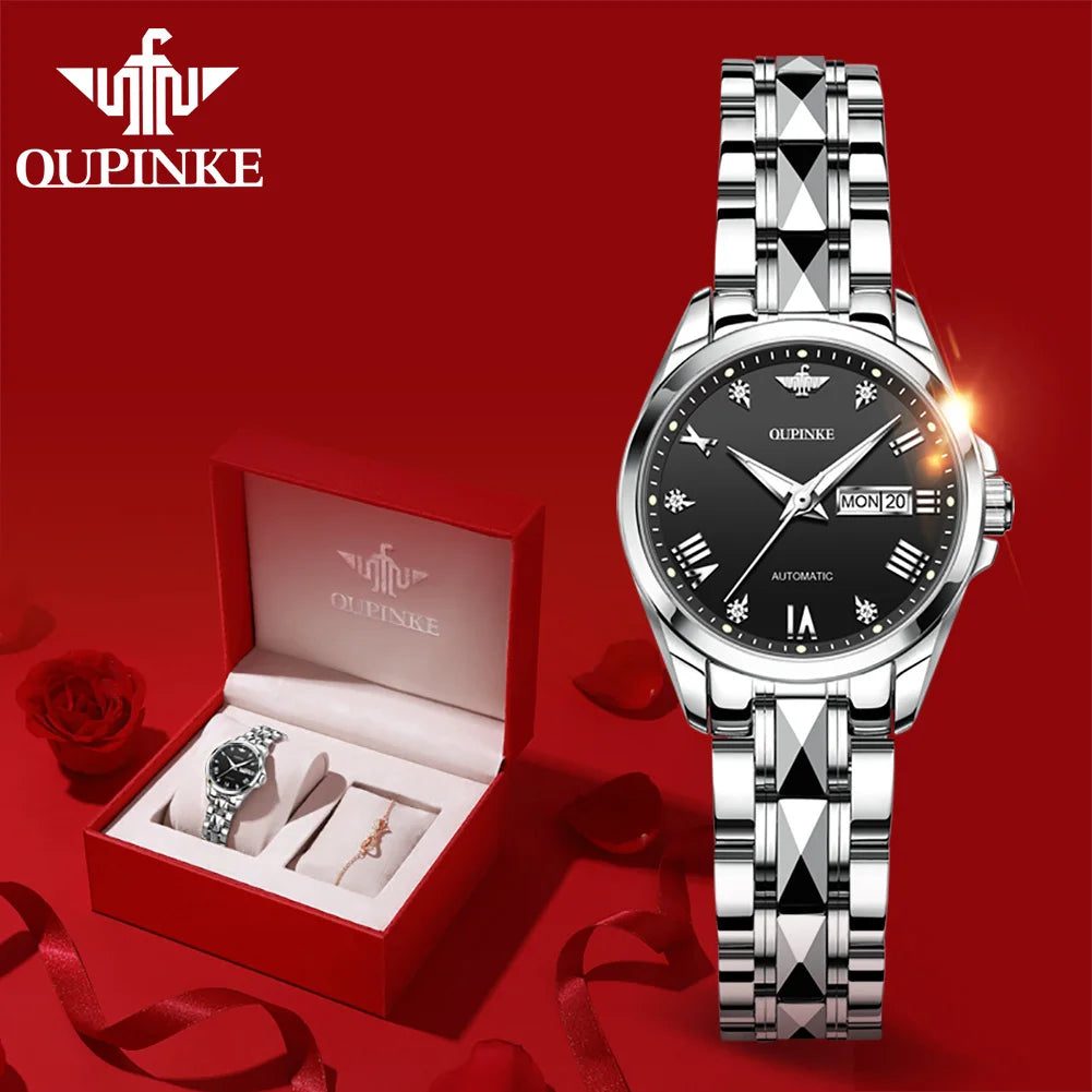 OUPINKE 3171 Luxus Marke Männer Uhr Wolfram Stahl Saphir Spiegel Automatische Mechanische Paar Uhr Armband Set frauen Uhr