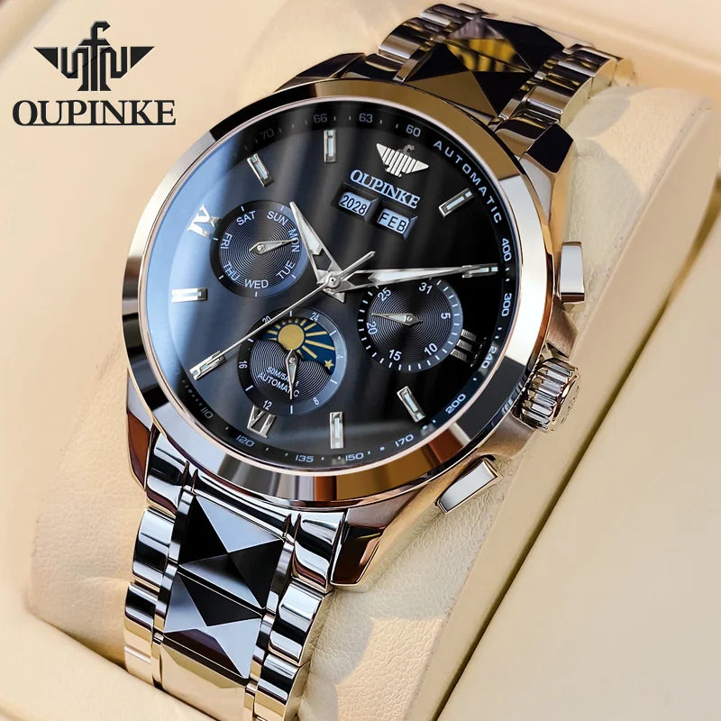 OUPINKE 3201 Men's Watch Top Luxury Brand Tungsten Steel Sapphire Mirror Waterproof Lunar Phase Men's Automatic Mechanical Watch